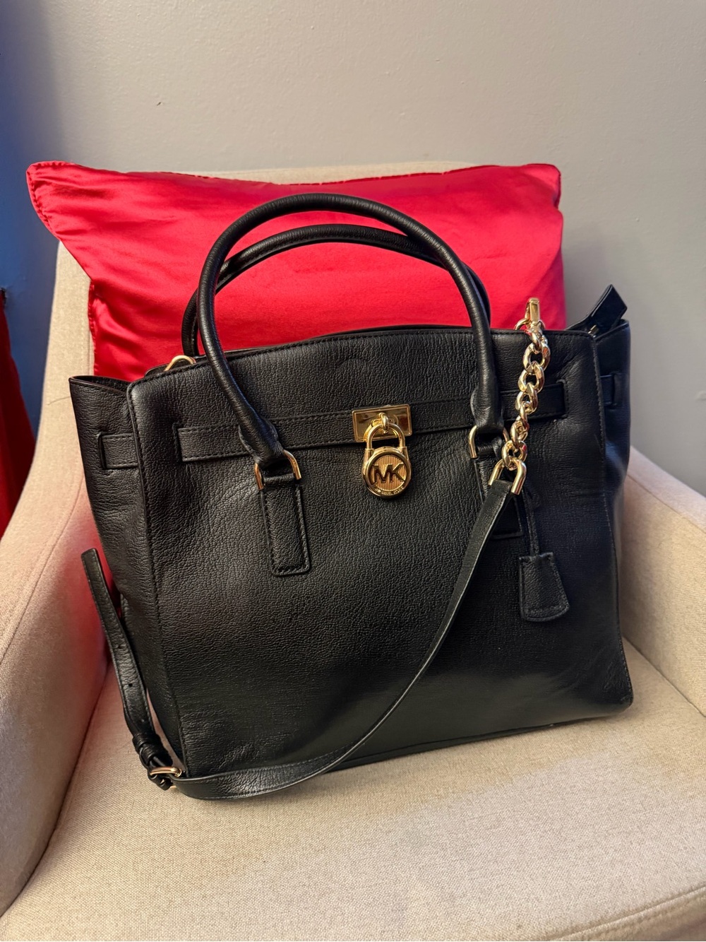 Michael Kors Black Leather Satchel with Gold Hardware and Chain Strap - Picture 1 of 9